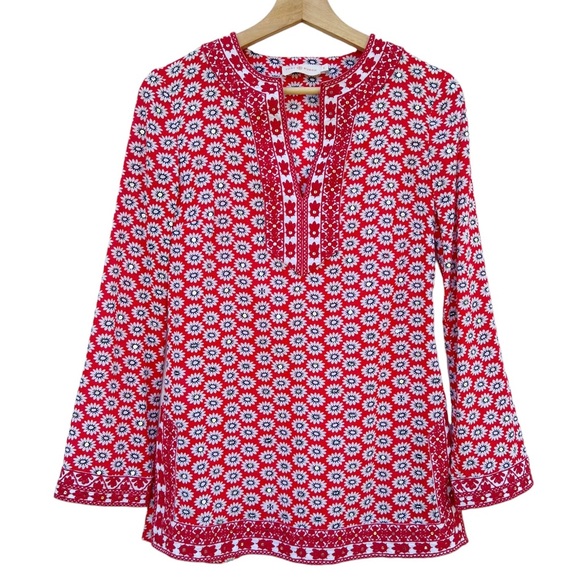 Tory Burch Jayne Nantucket Red Daisy Floral Embroidered Cotton Tunic Size 0 - Picture 3 of 7